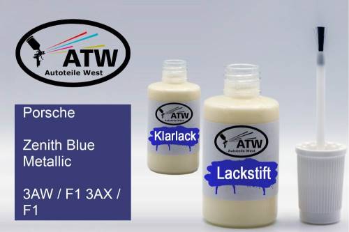 Porsche, Zenith Blue Metallic, 3AW / F1 3AX / F1: 20ml Lackstift + 20ml Klarlack - Set, von ATW Autoteile West.